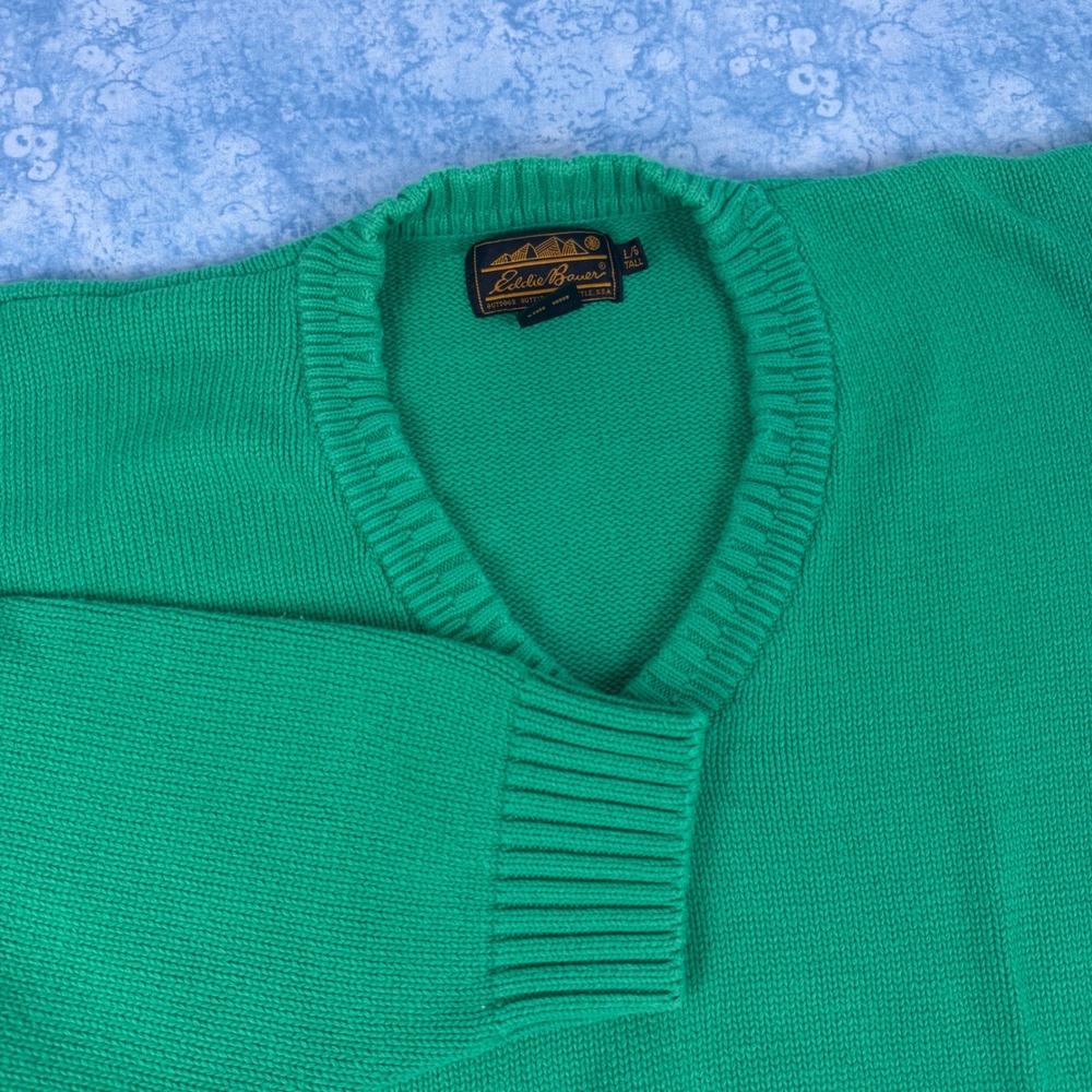 Vintage Eddie Bauer Mens Large Tall Green V-Neck 100% Cotton Knit Sweater